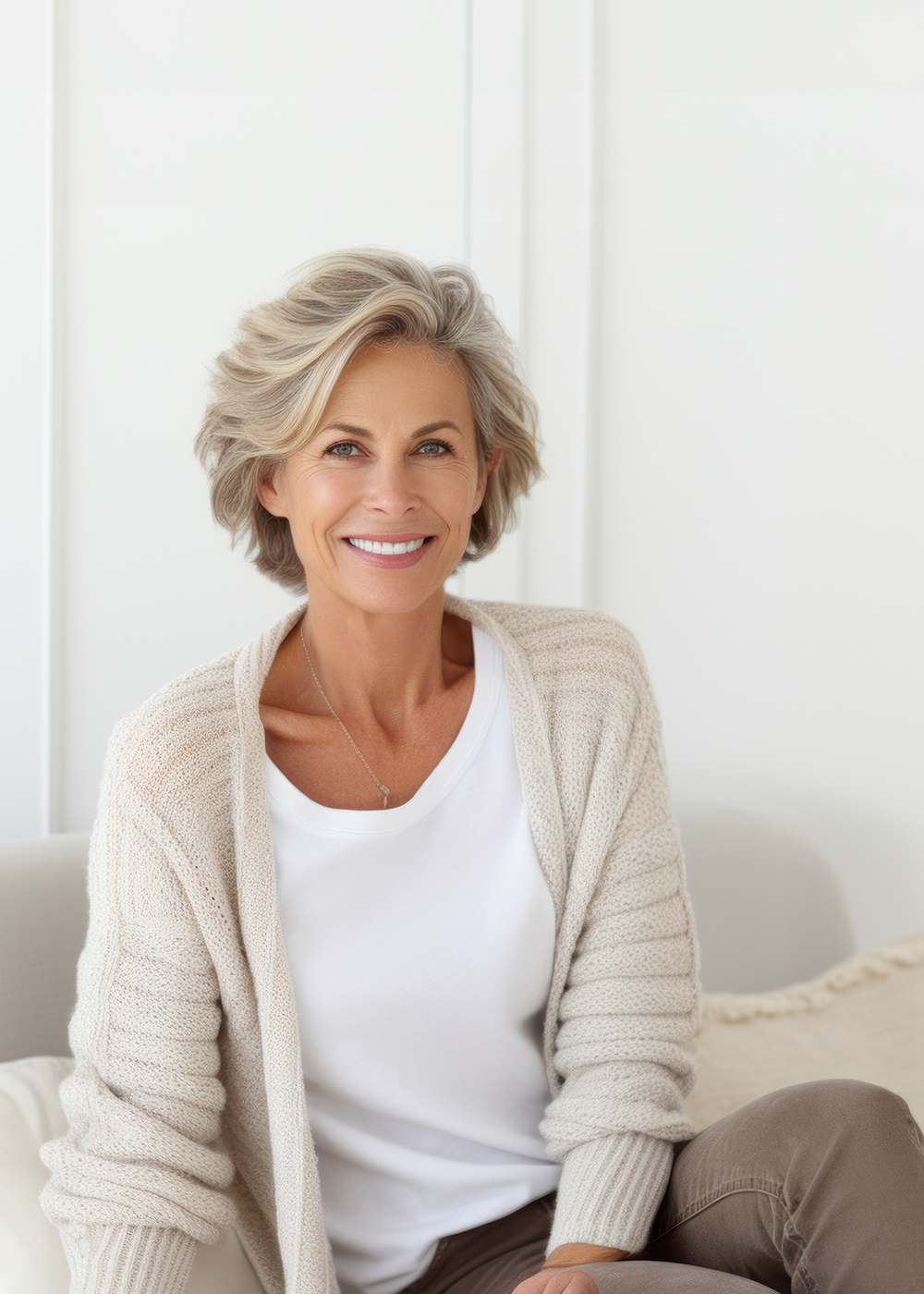 Ältere Frau mit halblangen grau-blonden Haaren sitzt gemütlich auf dem Sofa und lächelt in die Kamera.