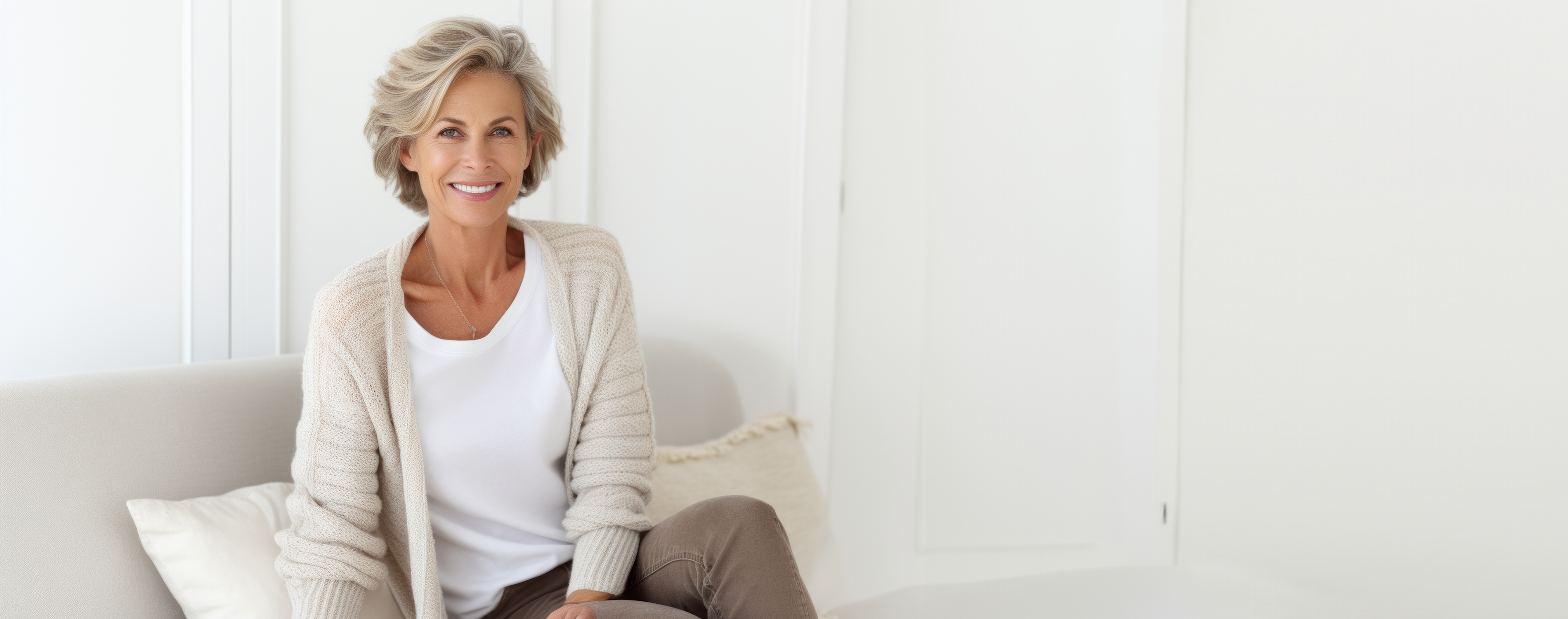 Ältere Frau mit halblangen grau-blonden Haaren sitzt gemütlich auf dem Sofa und lächelt in die Kamera.