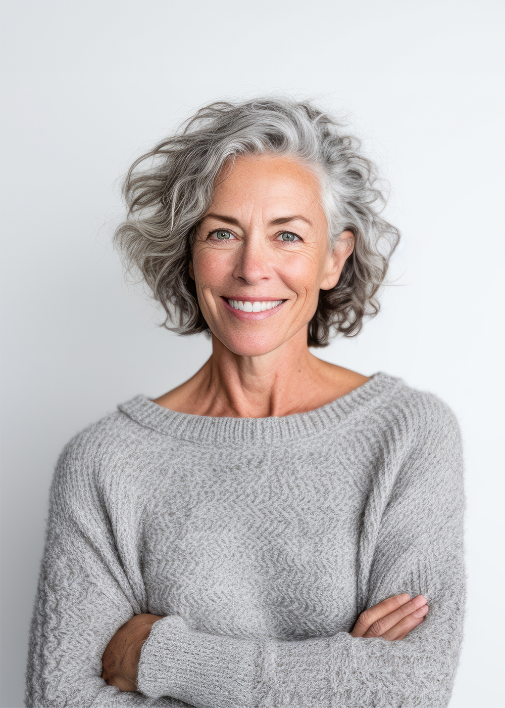 Ältere Frau mit halblangen grauen Haaren hat die Arme verschränkt und lächelt in die Kamera.