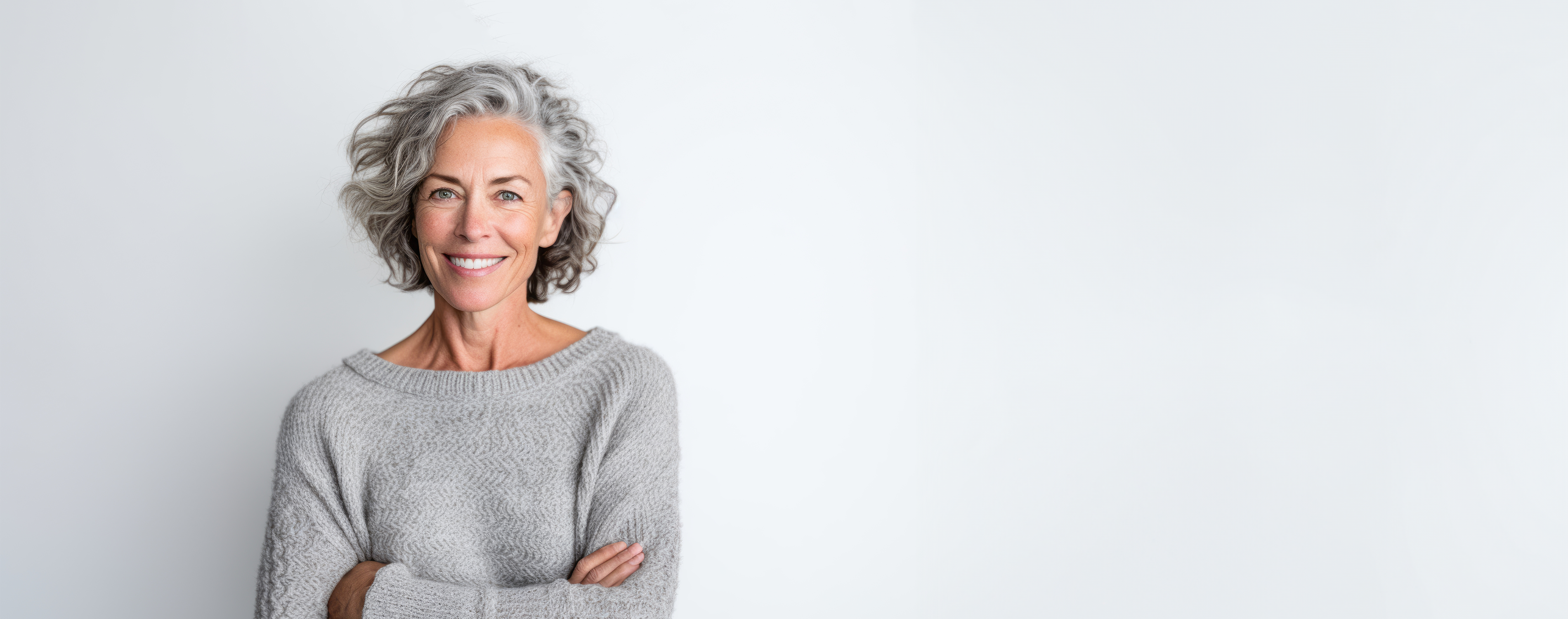 Ältere Frau mit halblangen, lockigen, grauen Haaren hat die Arme verschränkt und lächelt in die Kamera.