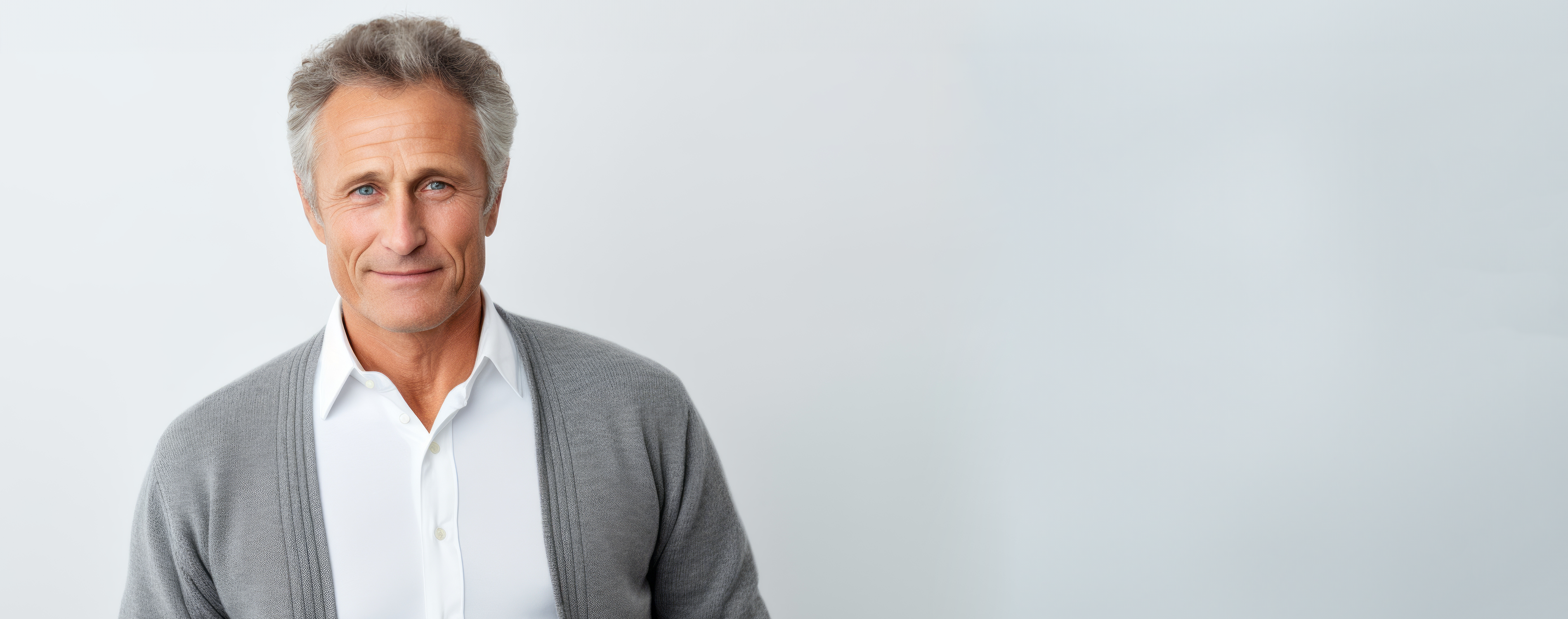 Mann mit kurzen grauen Haaren trägt eine Strickweste und lächelt zufrieden.