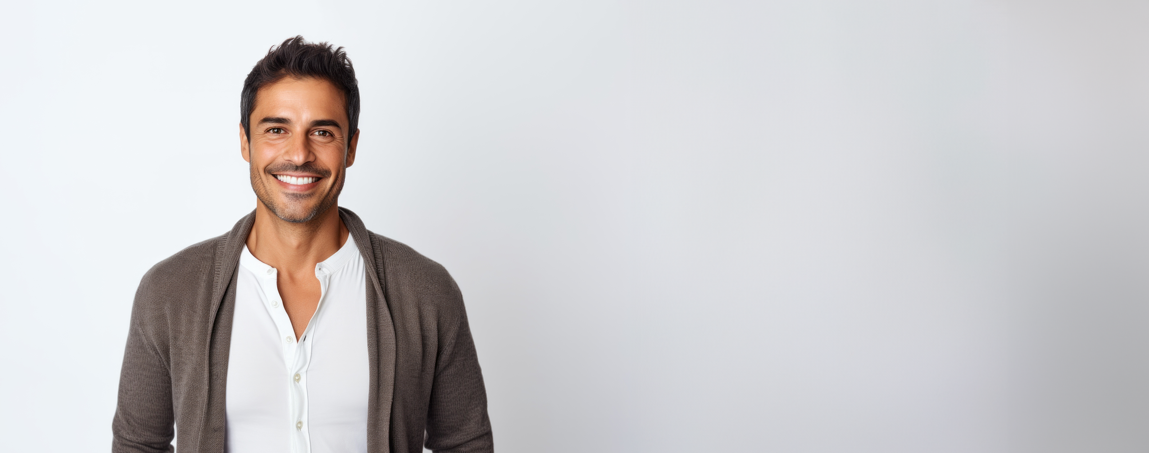 Mann mit braunen kurzen Haaren und 3-Tages-Bart trägt eine Strickweste und lacht und zeigt dabei seine strahlenden Zähne.