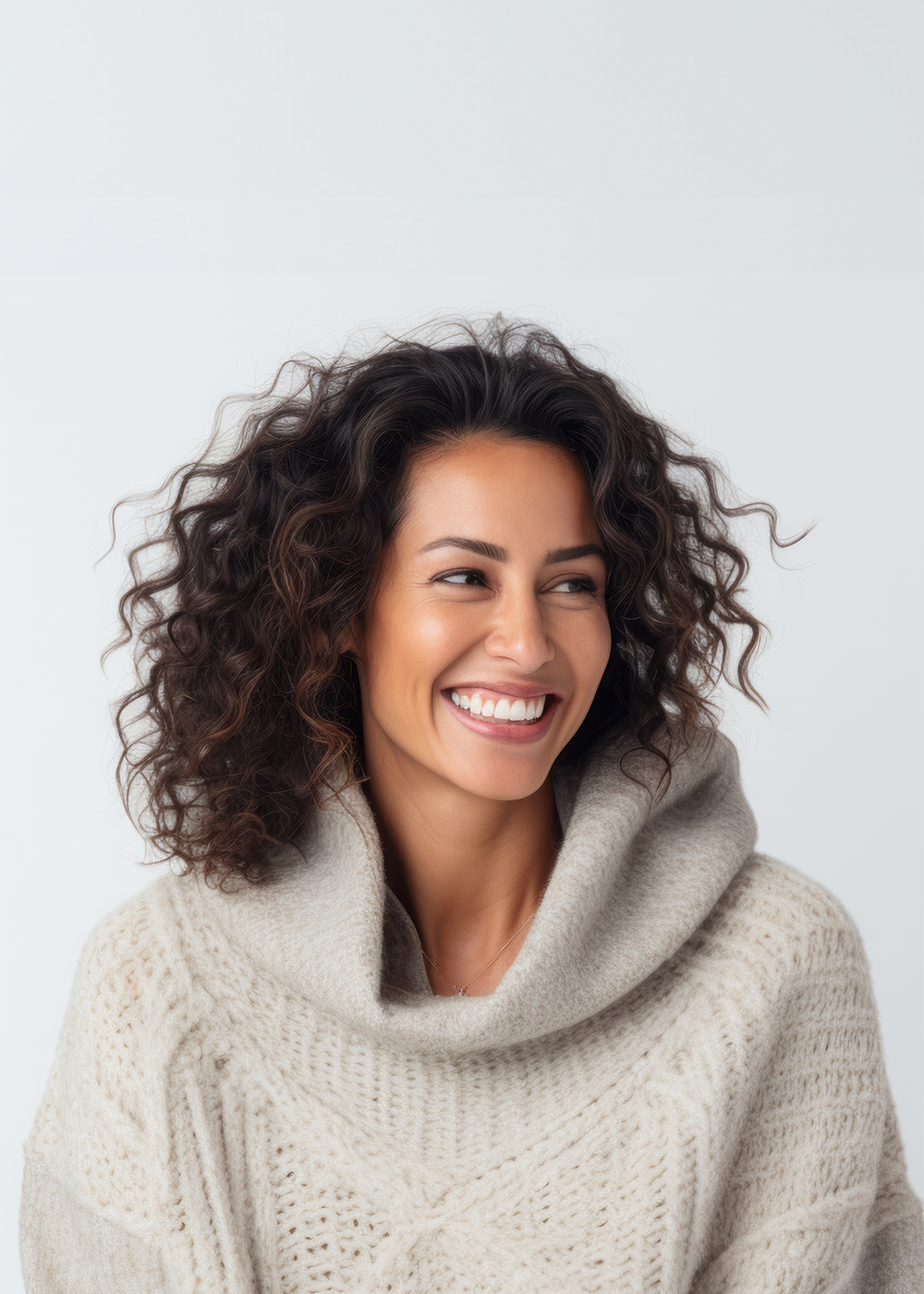 Junge Frau mit schulterlangen, lockigen, braunen Haaren trägt einen beigen Strickpullover. Sie lacht abgewandt zur rechten Seite.