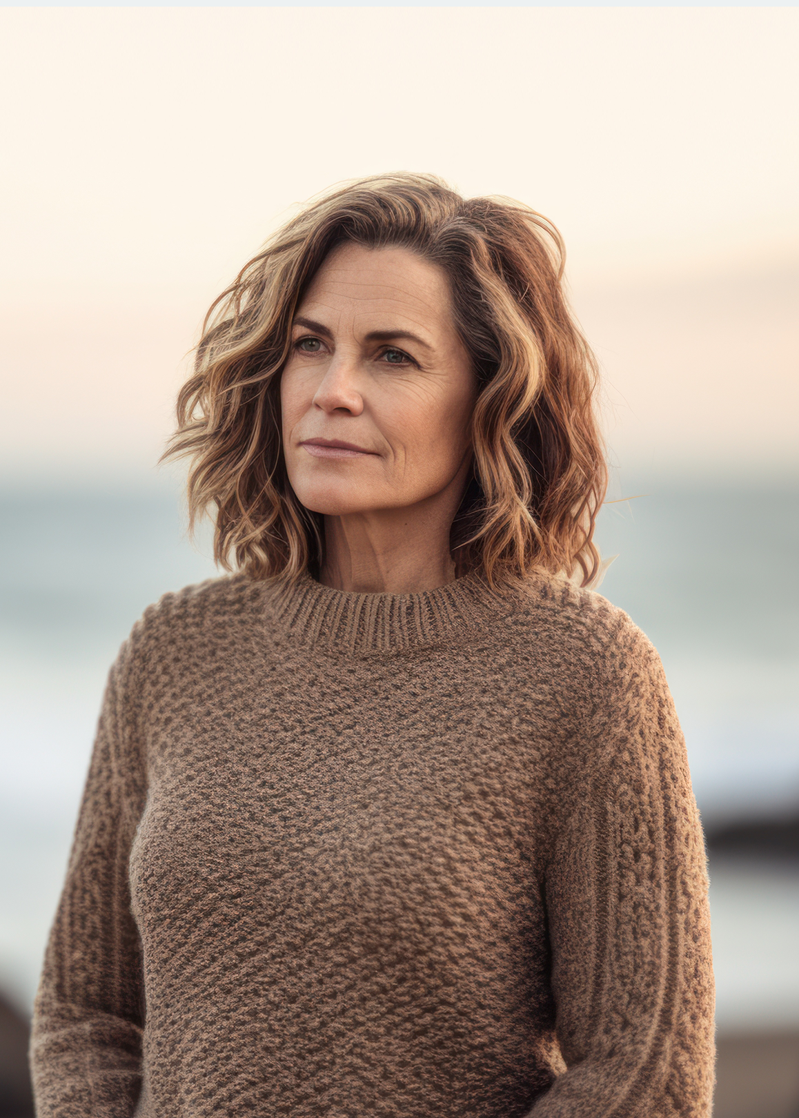 Ältere Frau mit mittelangen, dunkelblonden Haaren trägt einen braunen Wollpullover und blickt zur linken Bildseite. Sie befindet sich am Strand.