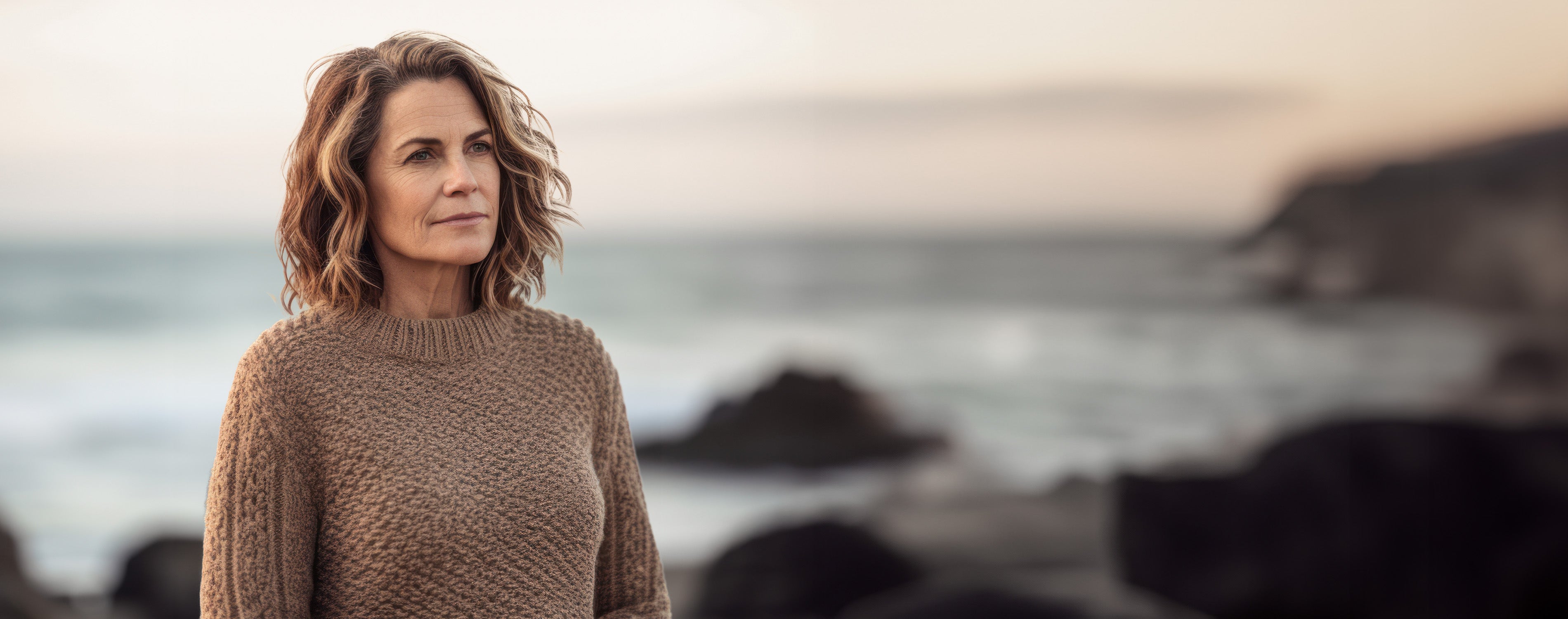 Ältere Frau mit mittelangen, dunkelblonden Haaren trägt einen braunen Wollpullover und blickt zur rechten Bildseite. Sie befindet sich am Strand mit Meer und Felsen im Hintergrund.