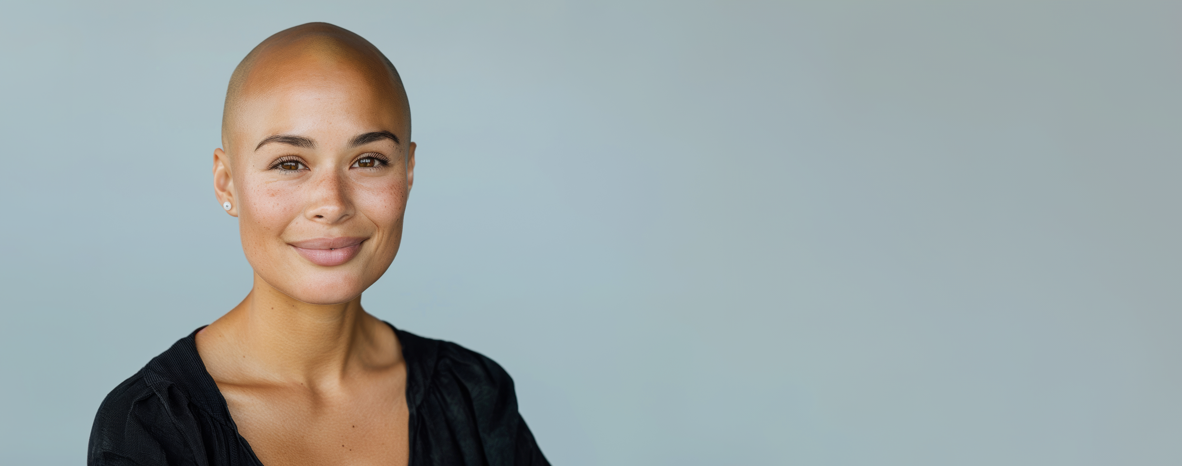 Junge Frau mit braunen Augen und einer Glatze lächelt in die Kamera.