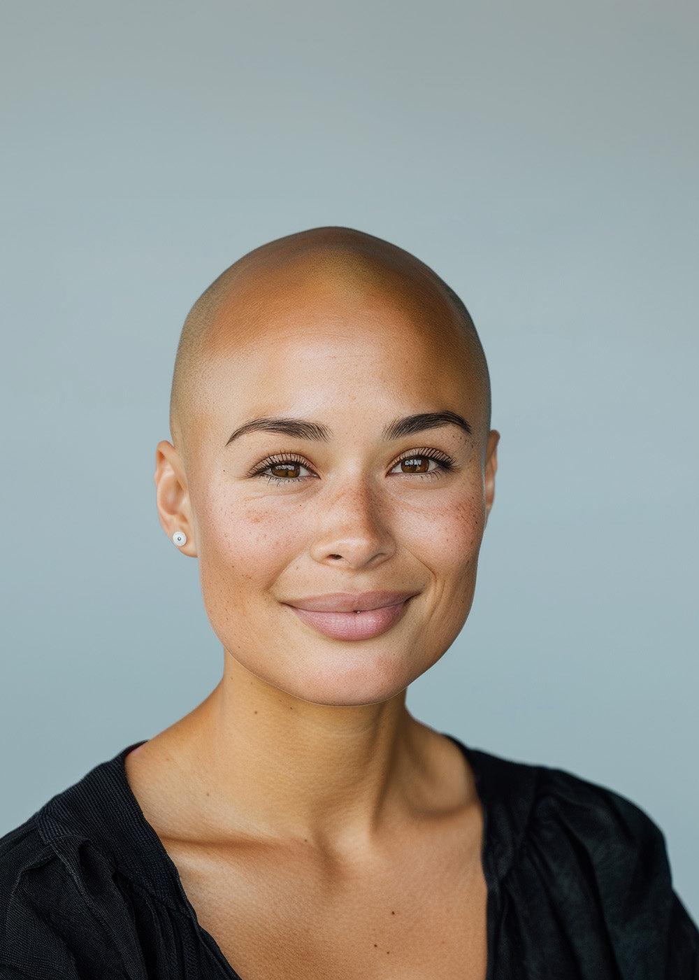 Junge Frau mit braunen Augen und einer Glatze schaut einen lächelnd an.