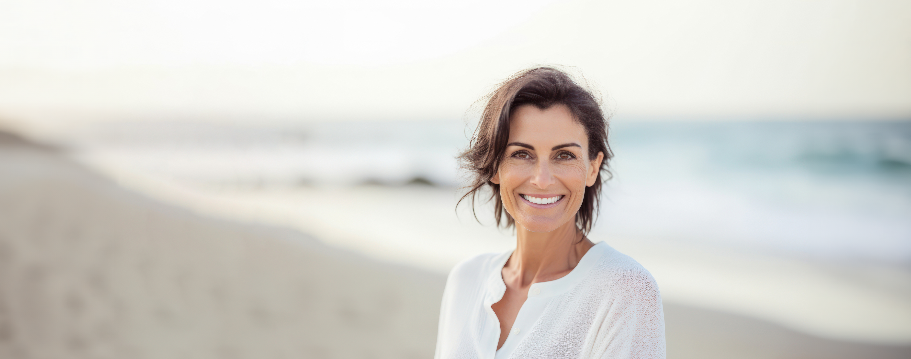 Ältere Frau mit braunen Haaren trägt eine weiße Bluse und lacht Zähne zeigend. Sie befindet sich am Strand mit Meer im Hintergrund.
