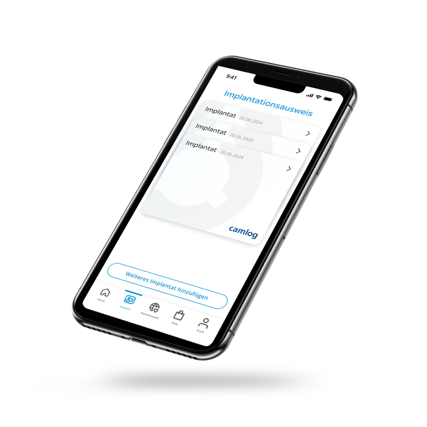 Stehendes Smartphone in dessen Display ist die Auflistung der Implantate des digitalen Implantatausweises dargestellt.