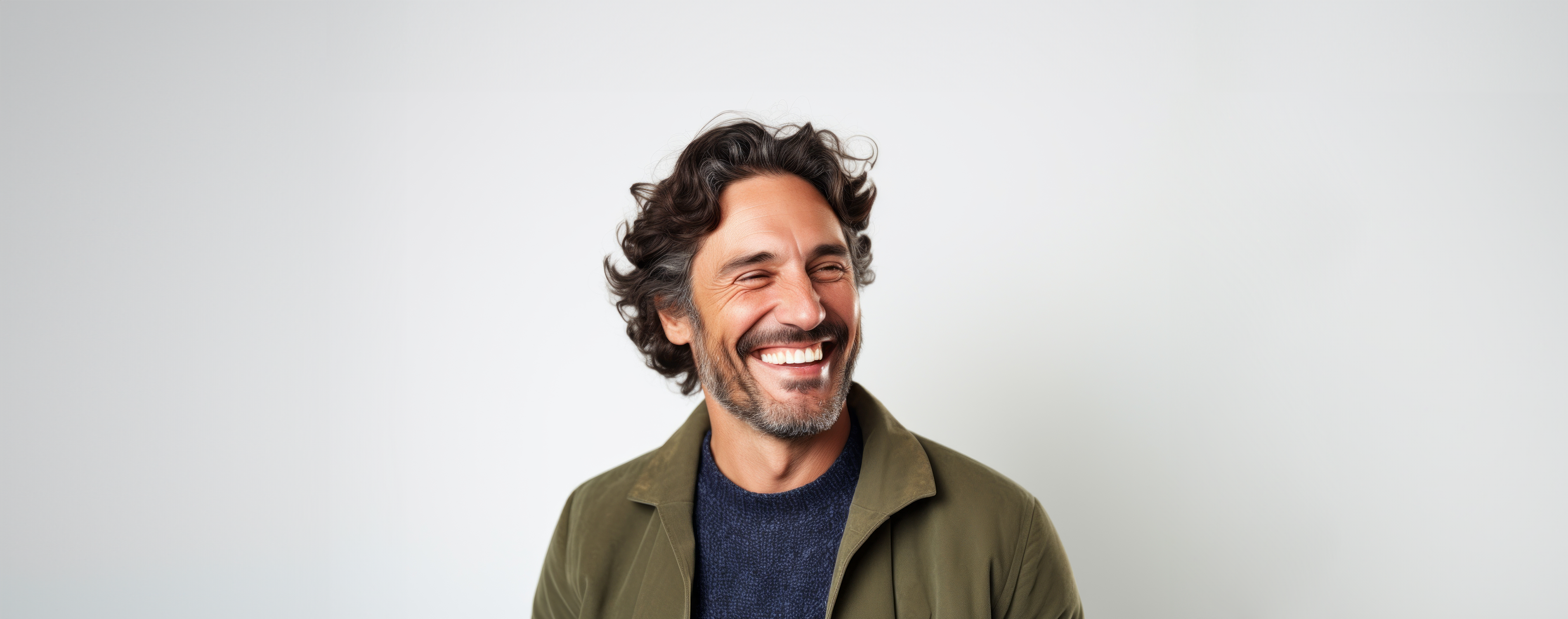 Mann mittleren Alters mit lockigen, braun-grauen Haaren und grau-melierten Vollbart, trägt eine olive-grüne Jacke. Er lacht abgewandt zur rechten Seite.