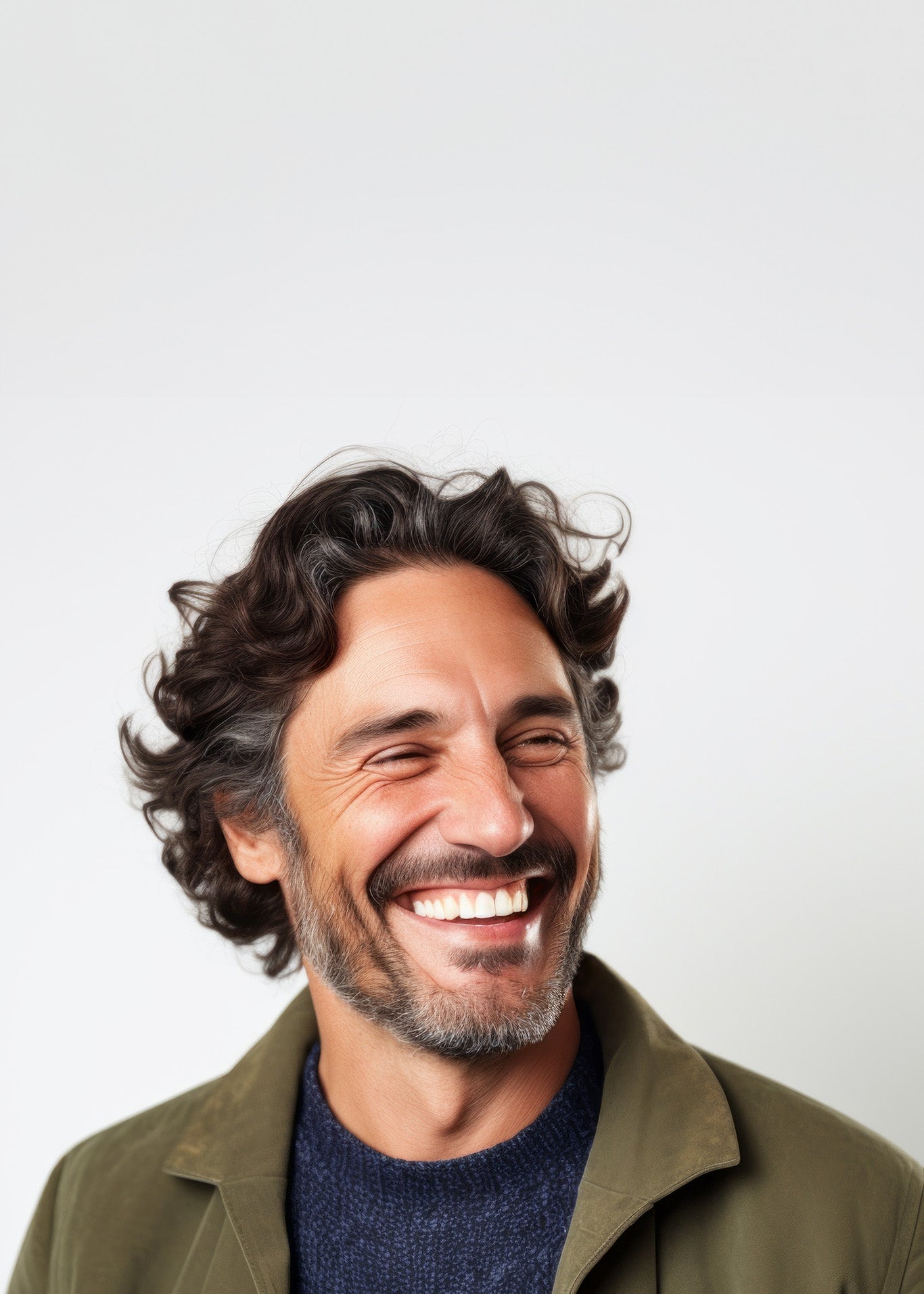 Mann mittleren Alters mit lockigen, braun-grauen Haaren und grau-melierten Vollbart, trägt eine oliv-grüne Jacke. Er lacht abgewandt zur rechten Seite.