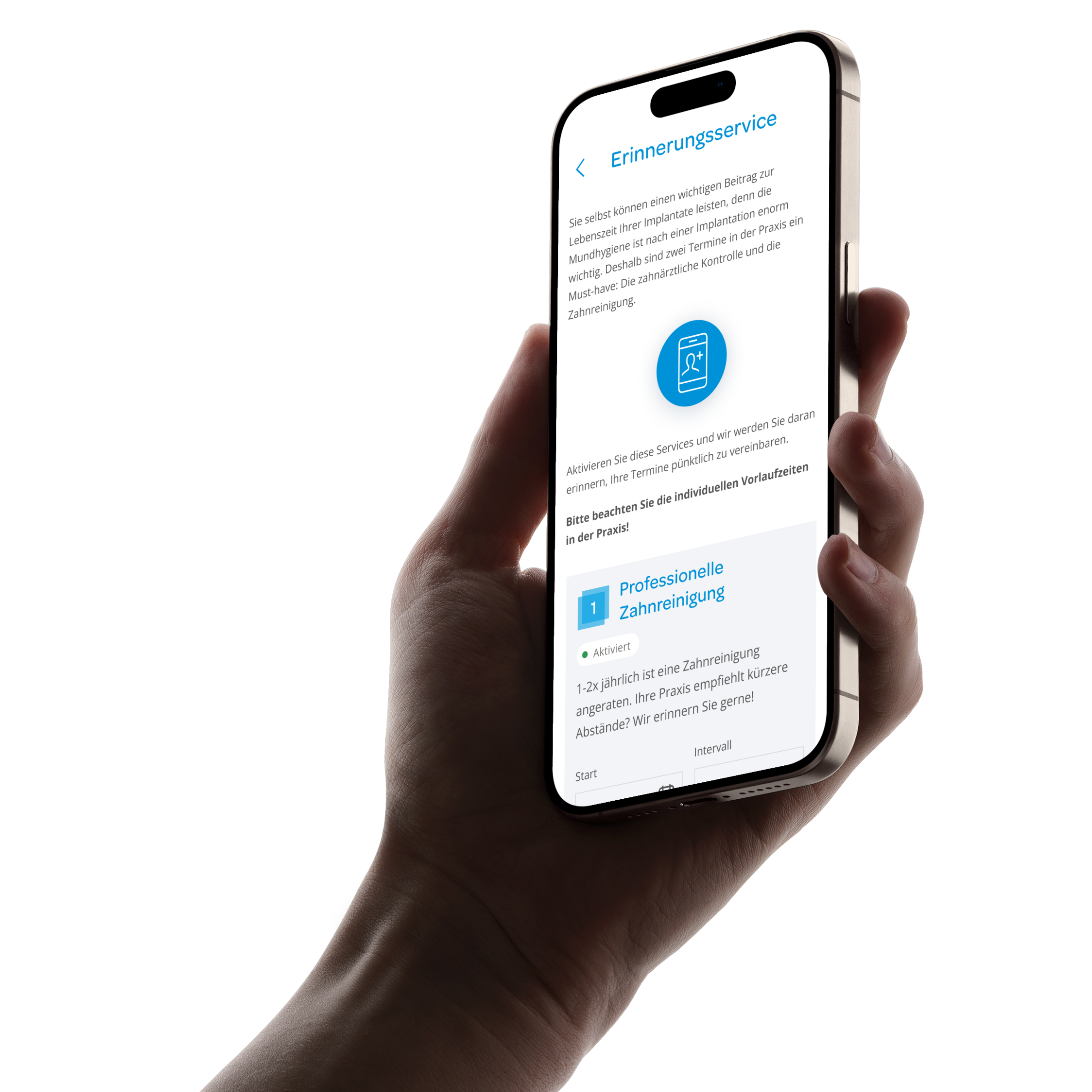 Eine linke Hand hält ein Smartphone, im Bildschirm werden Infos zum Erinnerungsservice dargestellt.