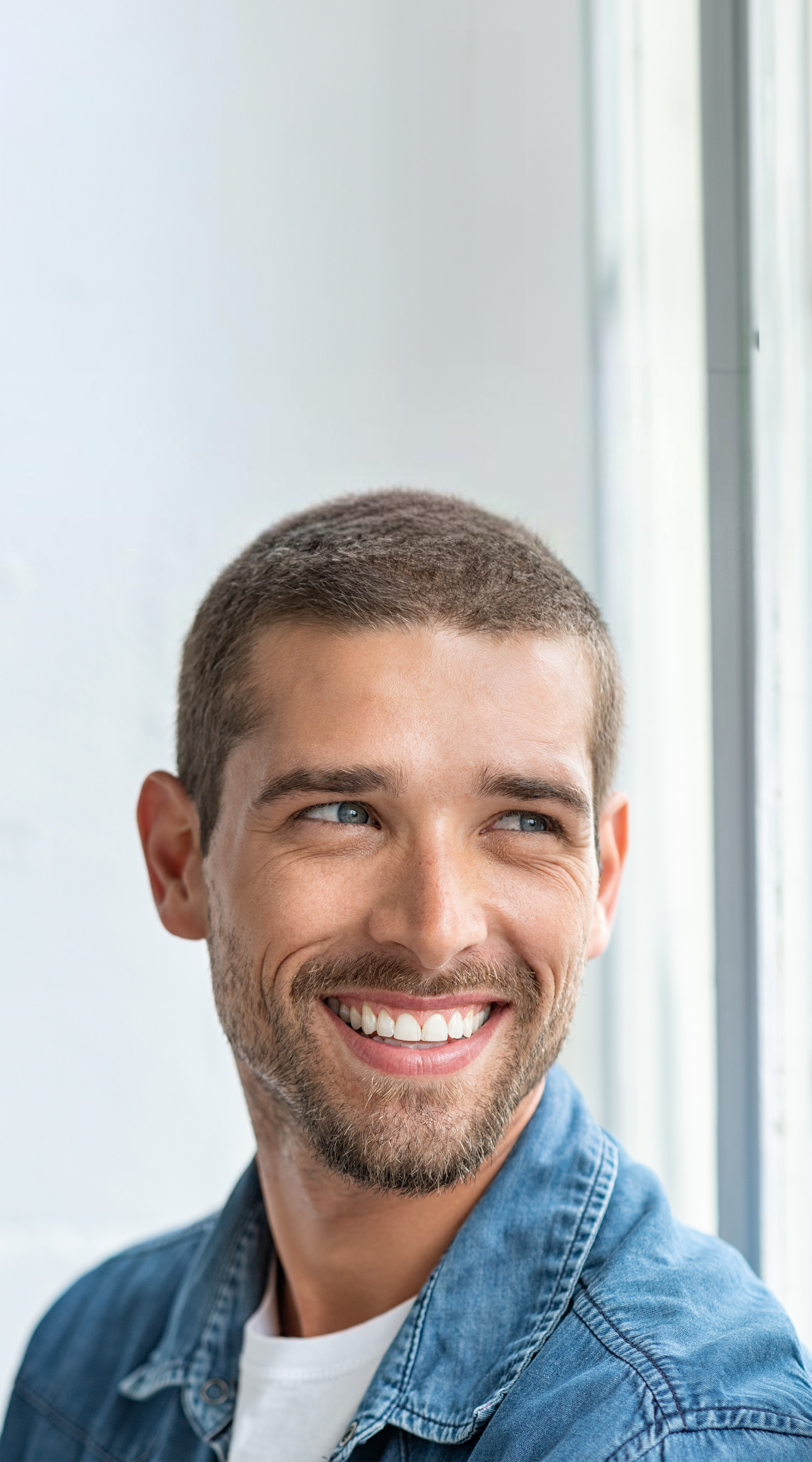 Junger Mann mit kurzen braunen Haaren und blauen Augen im blauen Jeanshemd der lächelnd zur Seite blickt.