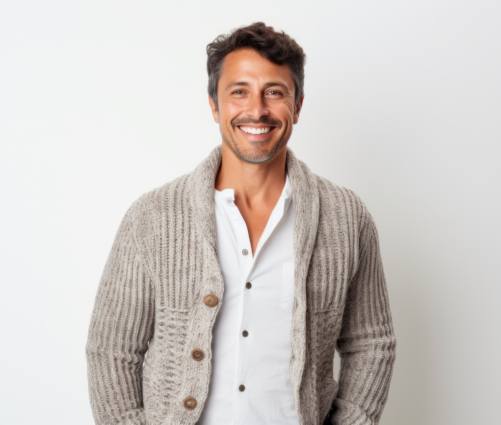 Mann mittleren Alters trägt eine Strickweste und lacht in die Kamera.