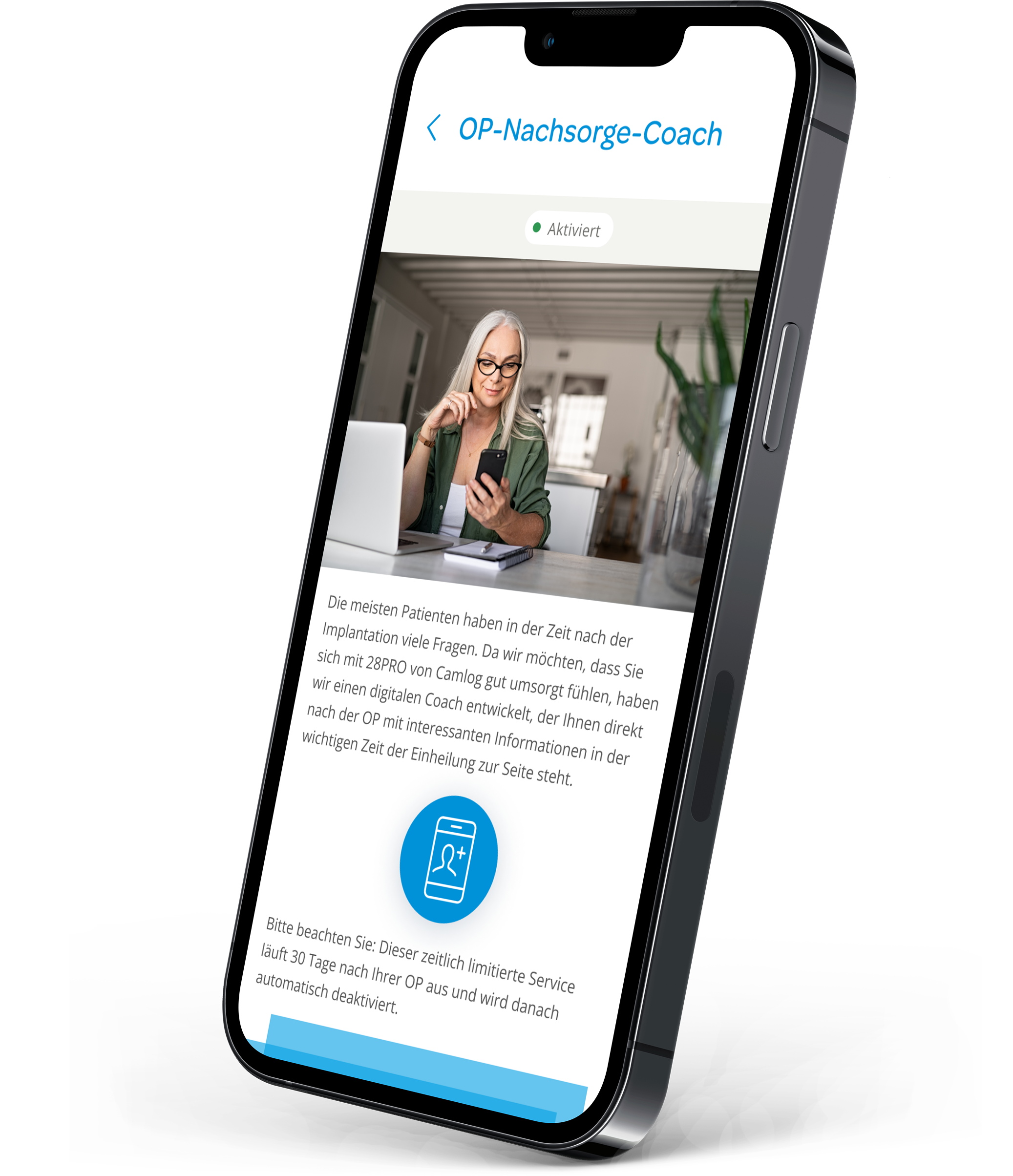 Stehendes Smartphone, im Bildschirm werden Infos zum OP-Nachsorge-Coach dargestellt.