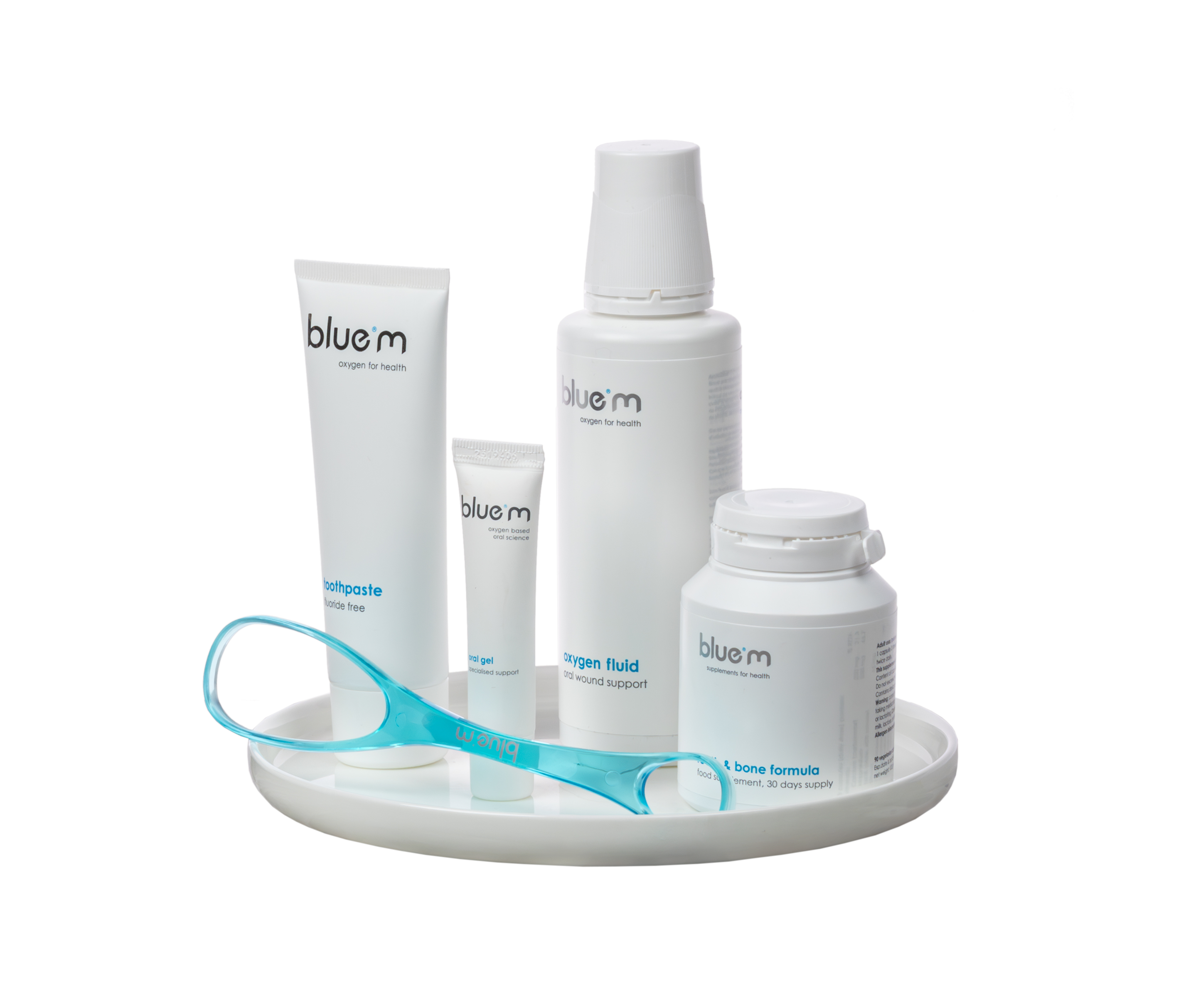 Pflegeset für eine optimale Mundpflege bestehend aus Nahrungsmittelergänzungs-Kapseln, Wundgel, Zahngel, Zungenreiniger und Sauerstoff-Fluid.