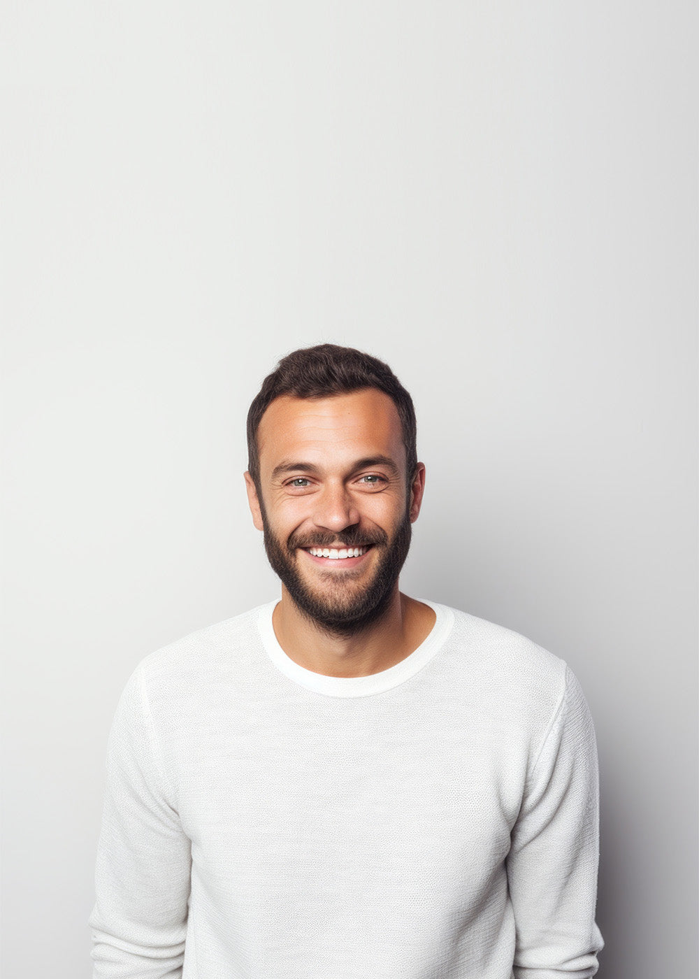 Junger Mann mit kurzen braunen Haaren und blauen Augen trägt einen weißen Strickpullover. Er hat ein breites Lachen.