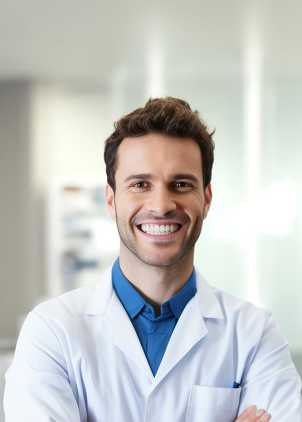 Junger Zahnarzt im weißen Arztkittel schaut mit breitem Lachen in die Kamera.