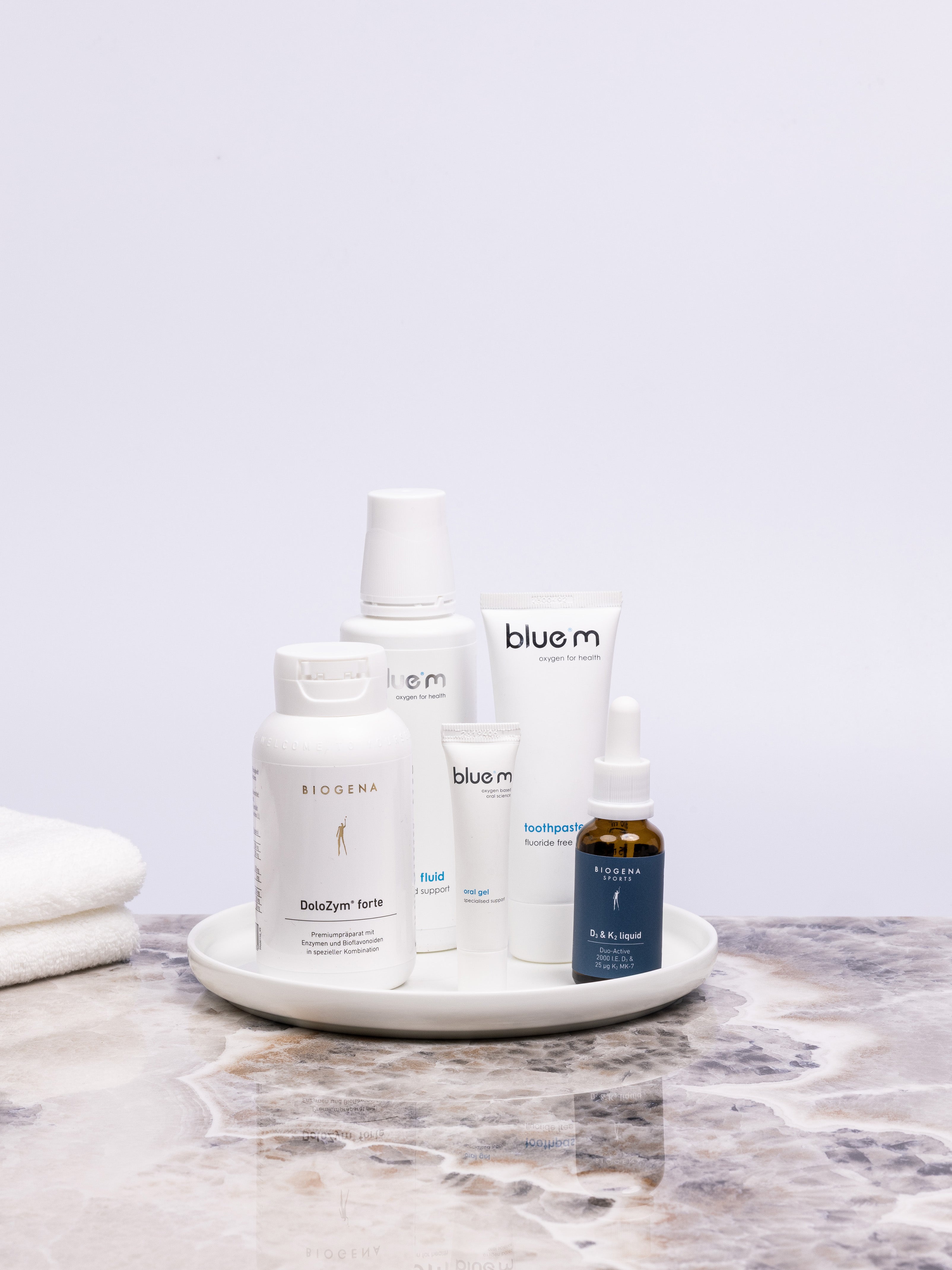 28PRO Nach-OP-Pflegeset PREMIUM bestehend aus Zahngel, Wundgel, Sauerstoff-Fluid, Vitamin D3 & K2 Präparat und Biogena DoloZym forte Kapseln.