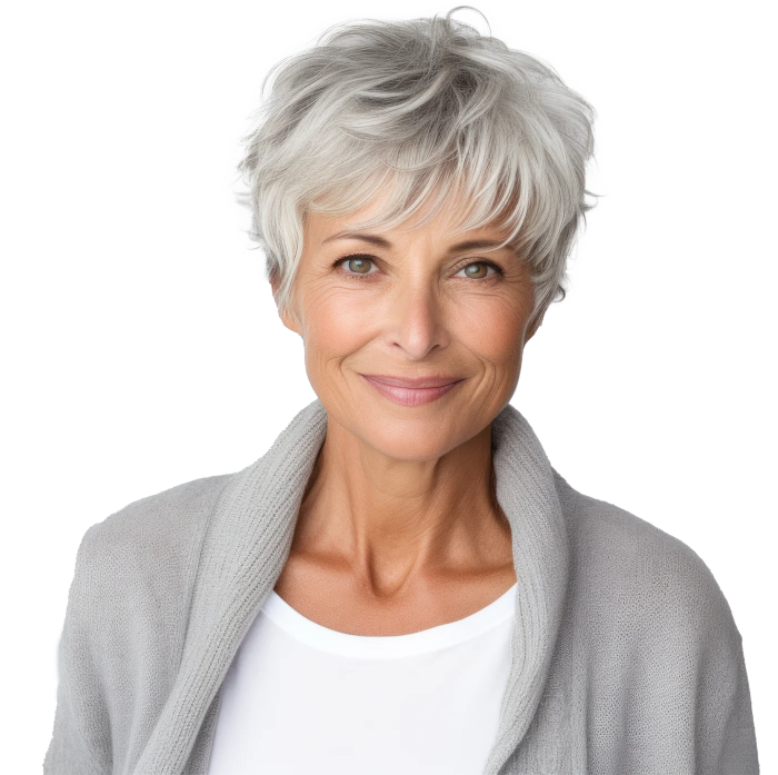 Ältere Frau mit kurzen weiss-grauen Haaren und heller Kleidung lächelt.