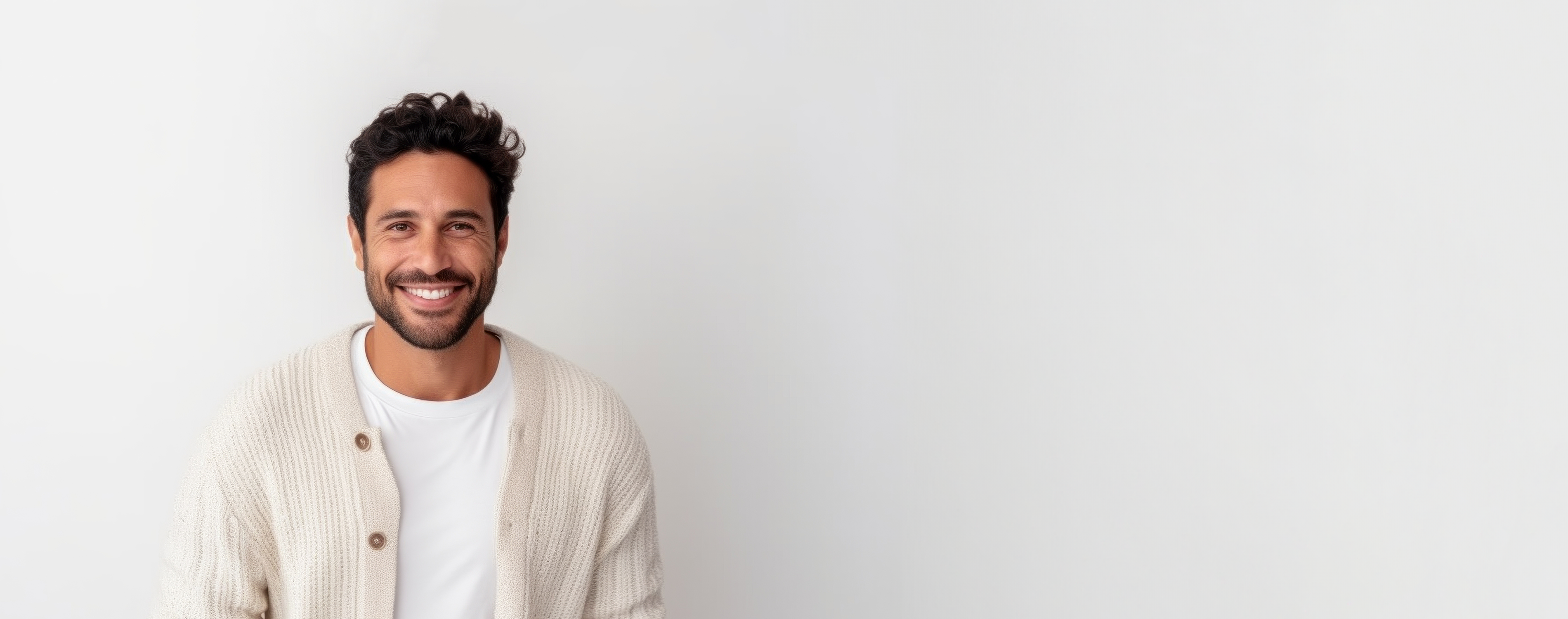 Junger Mann mit lockigen, braunen Haaren und braunen Augen trägt eine beige-farbige Strickjacke. Er grinst breit in die Kamera.